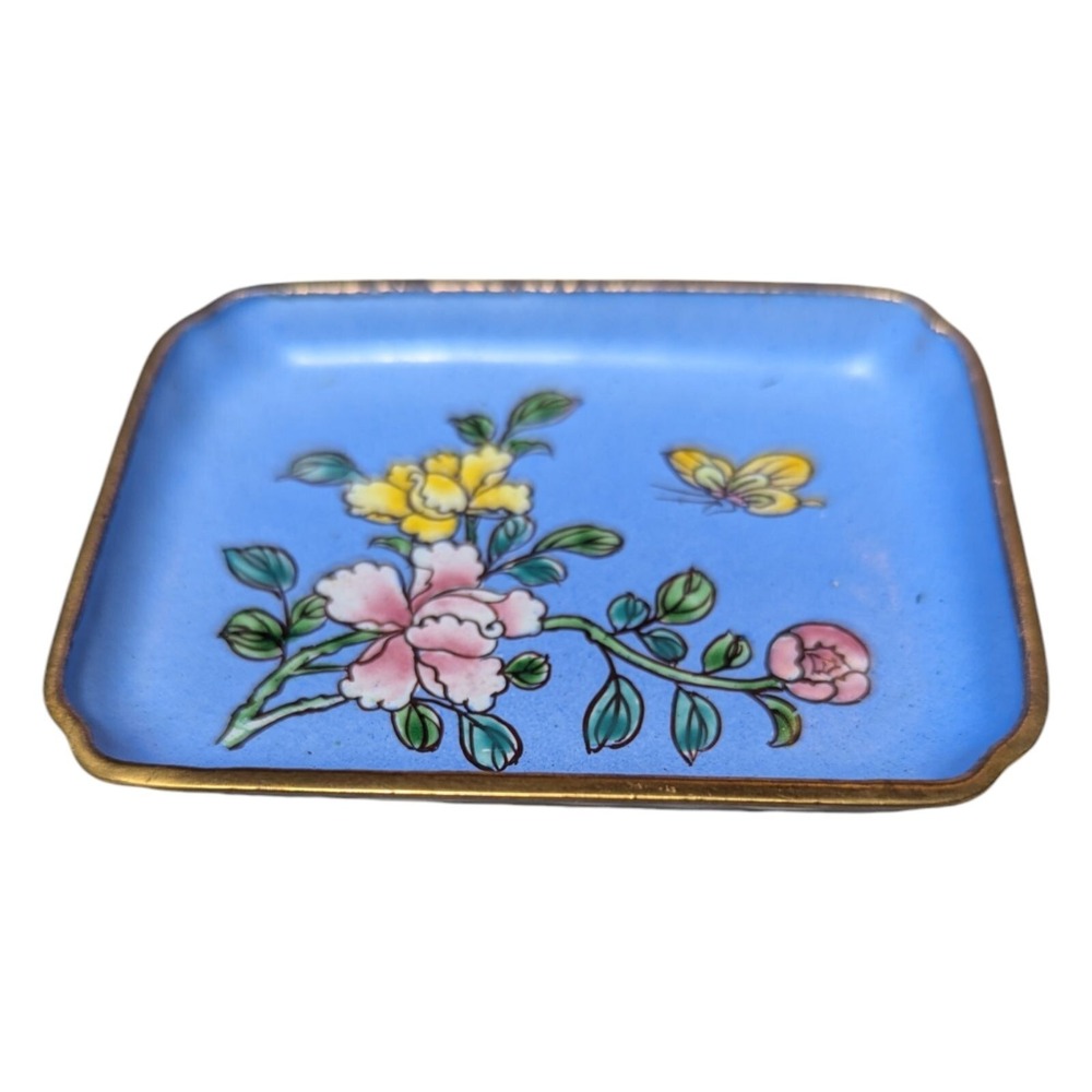 Lillian Vernon Enamelware miniature blue flower butterfly tray gold tone trim‎